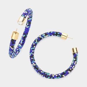 Blue Rhinestone Round Crystal Hoop Earrings Bling Fashion Jewelry Accessories